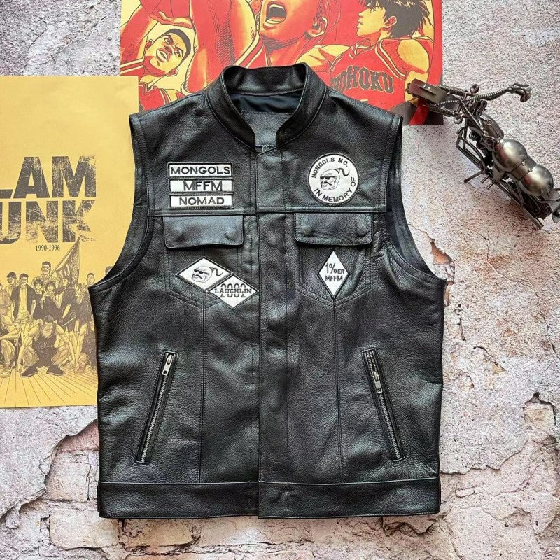 Mongolian Gang Motorcycle Leather Vest Stand Collar Multi-label Sons of Anarchy-A36