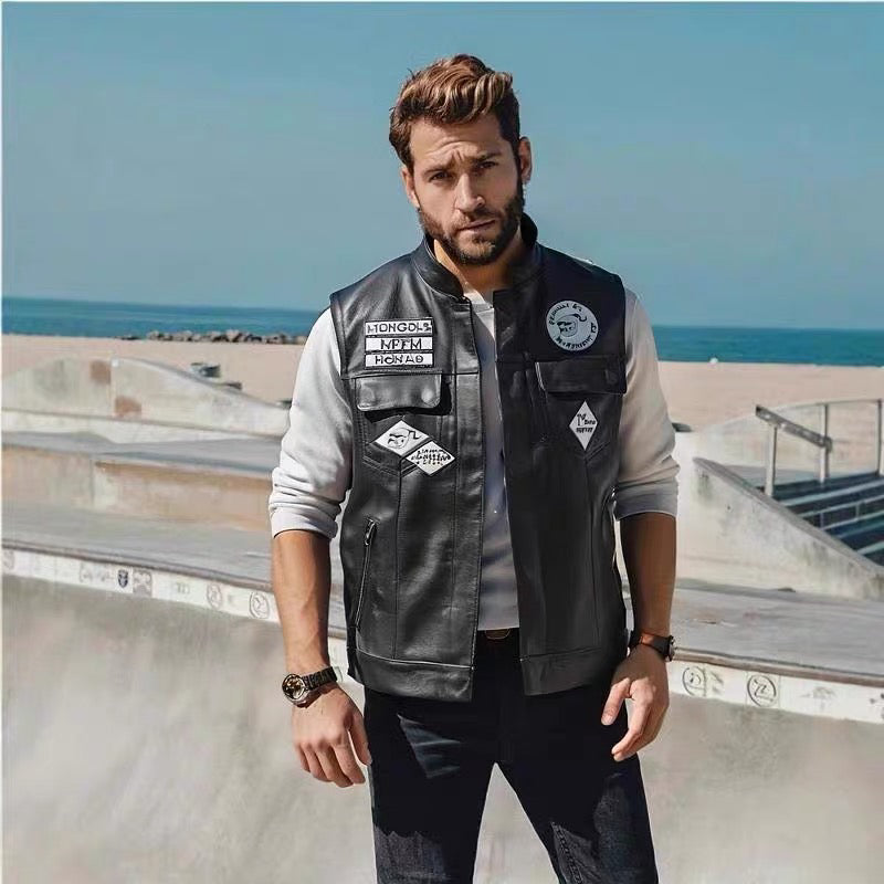 Mongolian Gang Motorcycle Leather Vest Stand Collar Multi-label Sons of Anarchy-A36