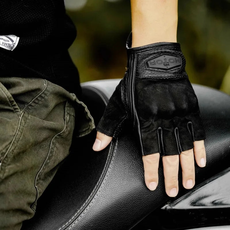 Retro genuine leather half-finger motorcycle gloves-G39