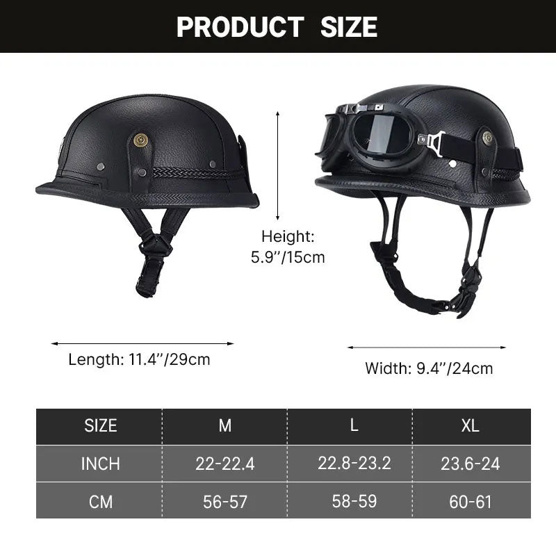 DOT Motorcycle German-style Genuine Leather Goggles Open Half Helmet-I10