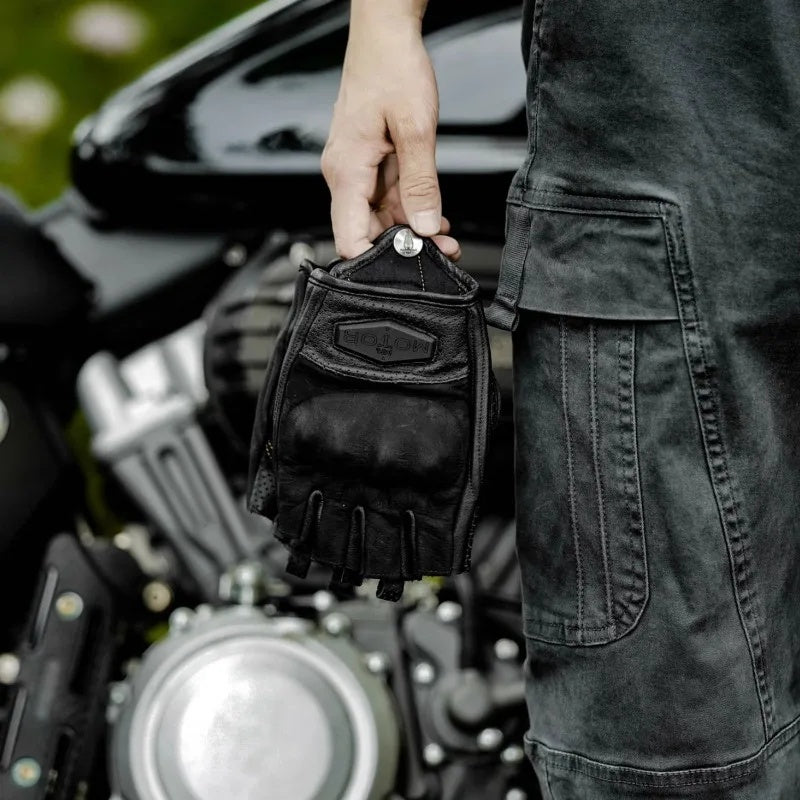 Retro genuine leather half-finger motorcycle gloves-G39
