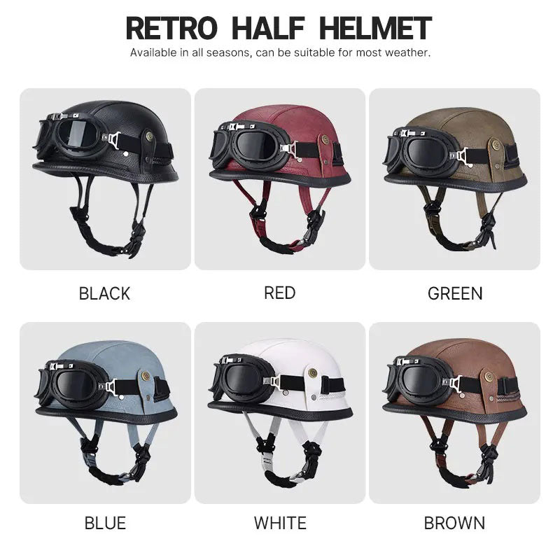 DOT Motorcycle German-style Genuine Leather Goggles Open Half Helmet-I10