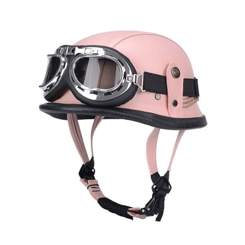 DOT Motorcycle German-style Genuine Leather Goggles Open Half Helmet-I10