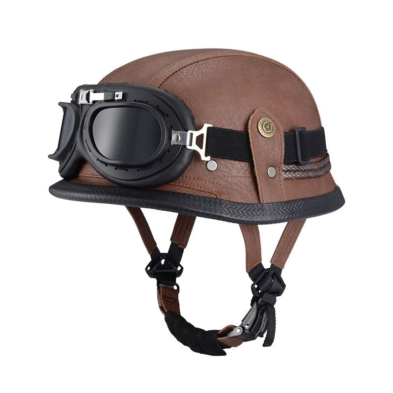 DOT Motorcycle German-style Genuine Leather Goggles Open Half Helmet-I10