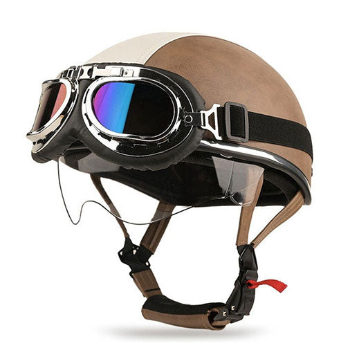 Retro two-tone cruiser motorcycle helmet with goggles-I23