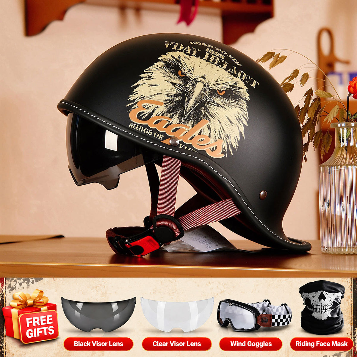 Retro-style motorcycle half-helmet with a ducktail design-I298