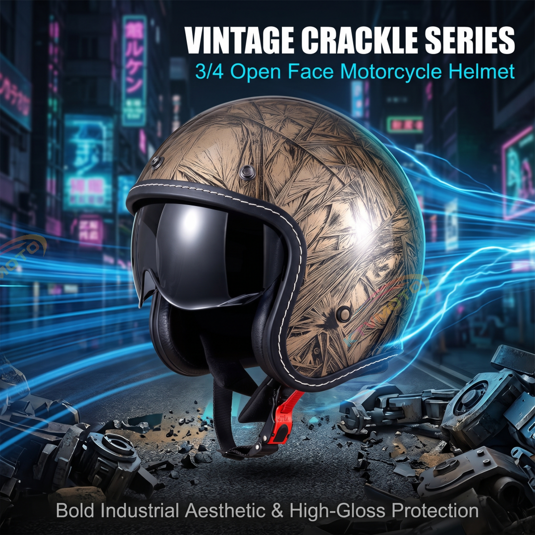 Lightweight 3/4 motorcycle helmet with a vintage crackle finish-I141