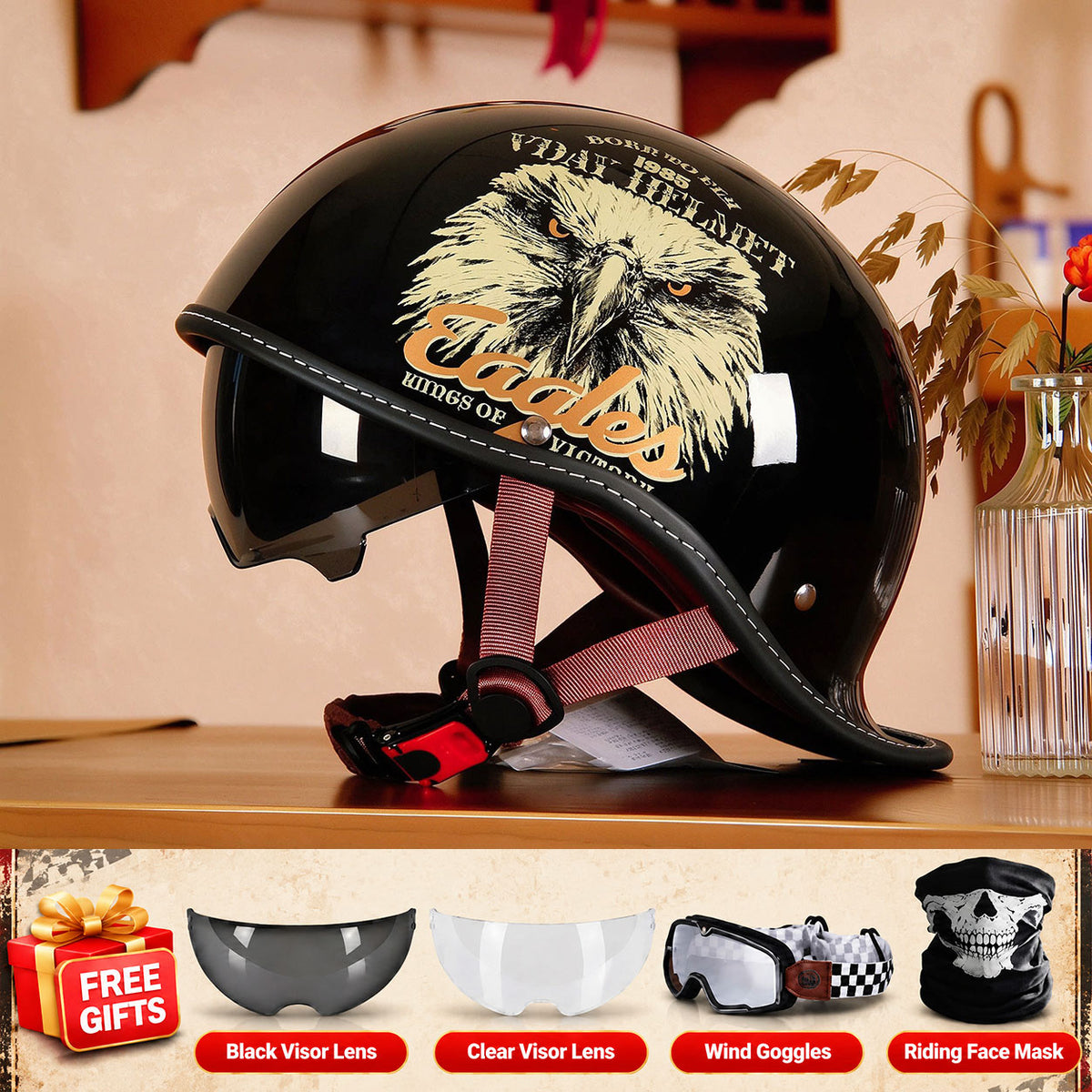 Retro-style motorcycle half-helmet with a ducktail design-I298