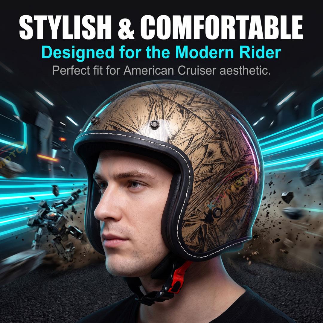 Lightweight 3/4 motorcycle helmet with a vintage crackle finish-I141