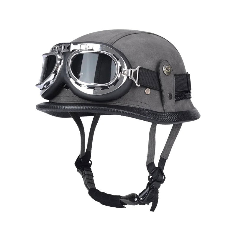 DOT Motorcycle German-style Genuine Leather Goggles Open Half Helmet-I10