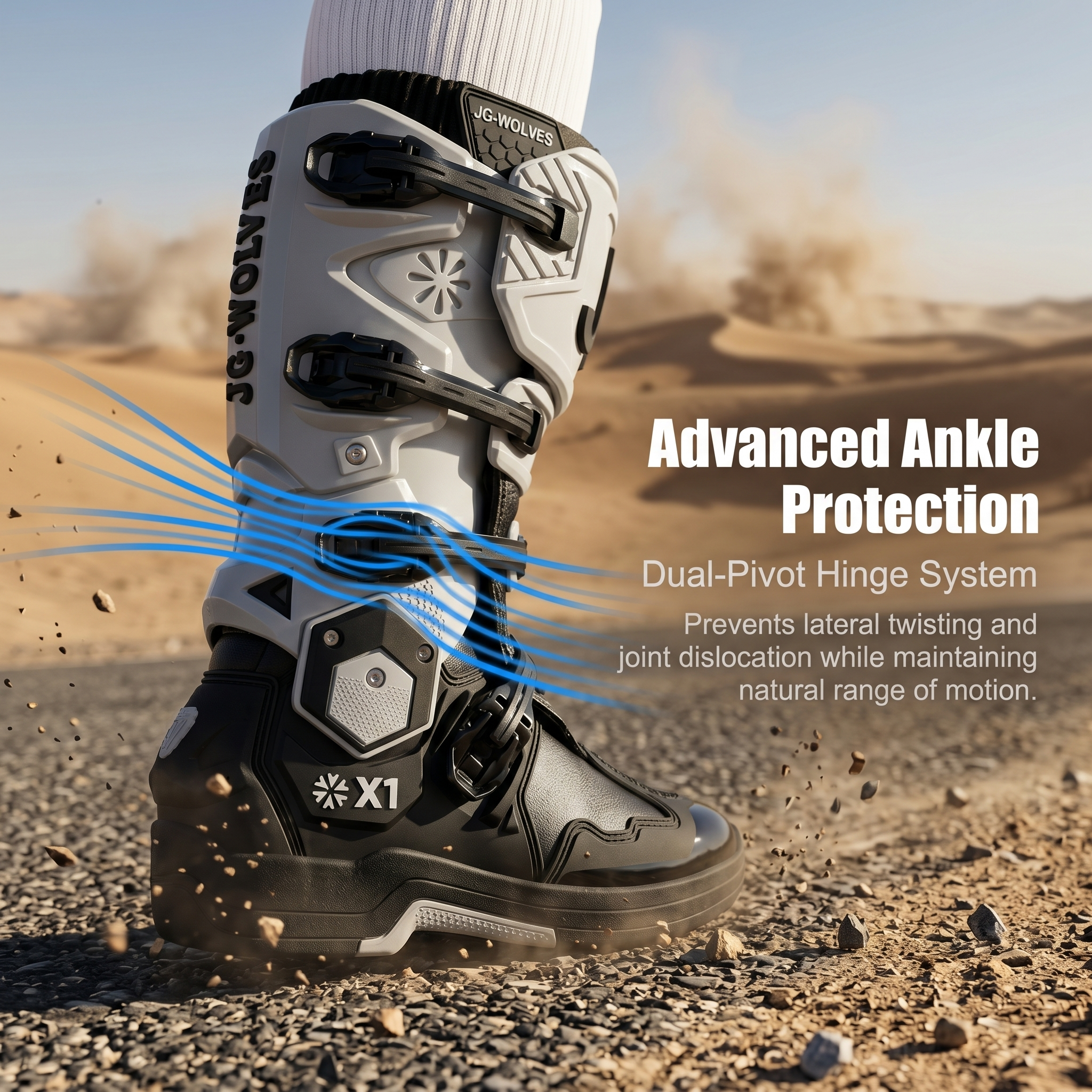 Off-road and rally motorcycle boots featuring a hinged structure-K72