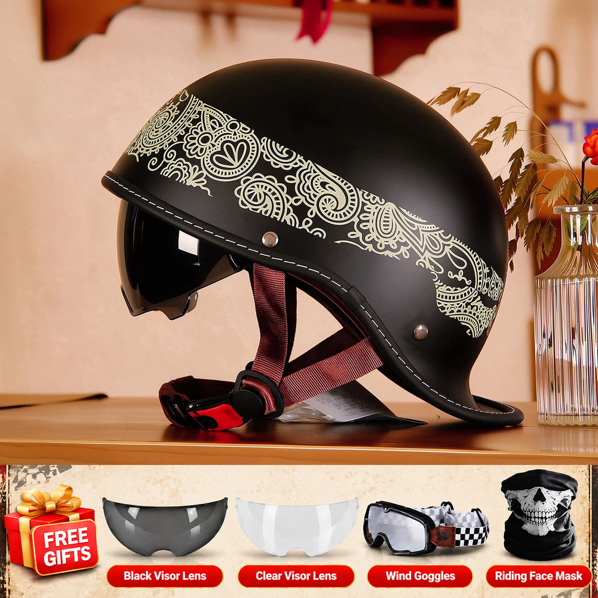 Retro-style motorcycle half-helmet with a ducktail design-I298