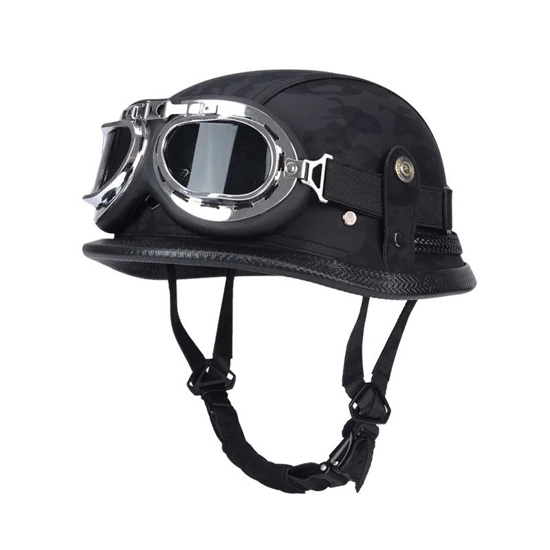 DOT Motorcycle German-style Genuine Leather Goggles Open Half Helmet-I10