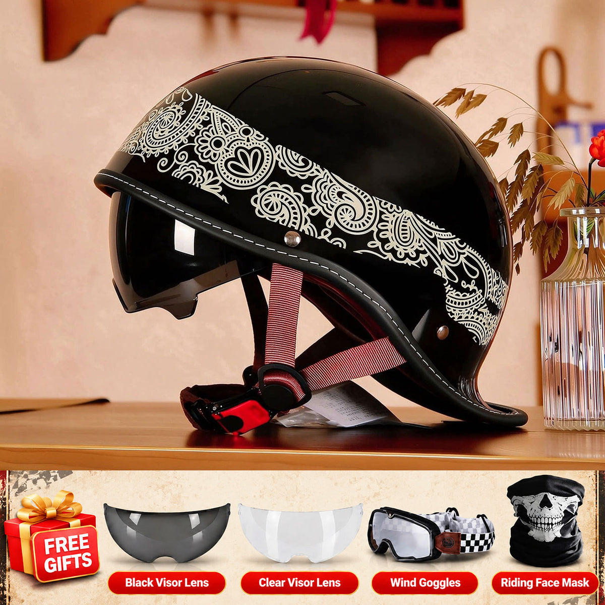 Retro-style motorcycle half-helmet with a ducktail design-I298