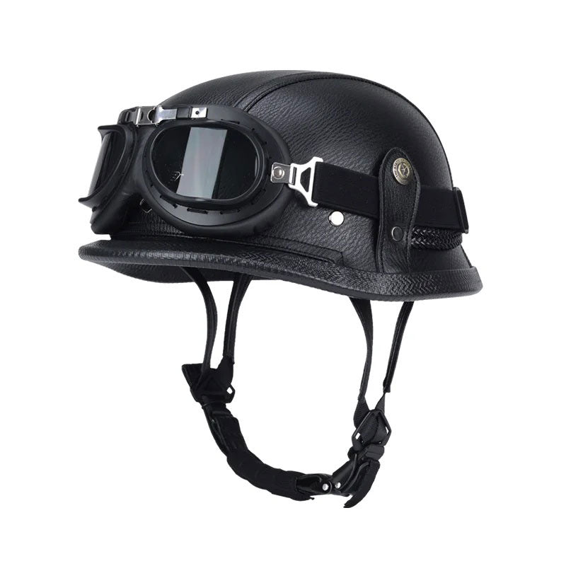 DOT Motorcycle German-style Genuine Leather Goggles Open Half Helmet-I10