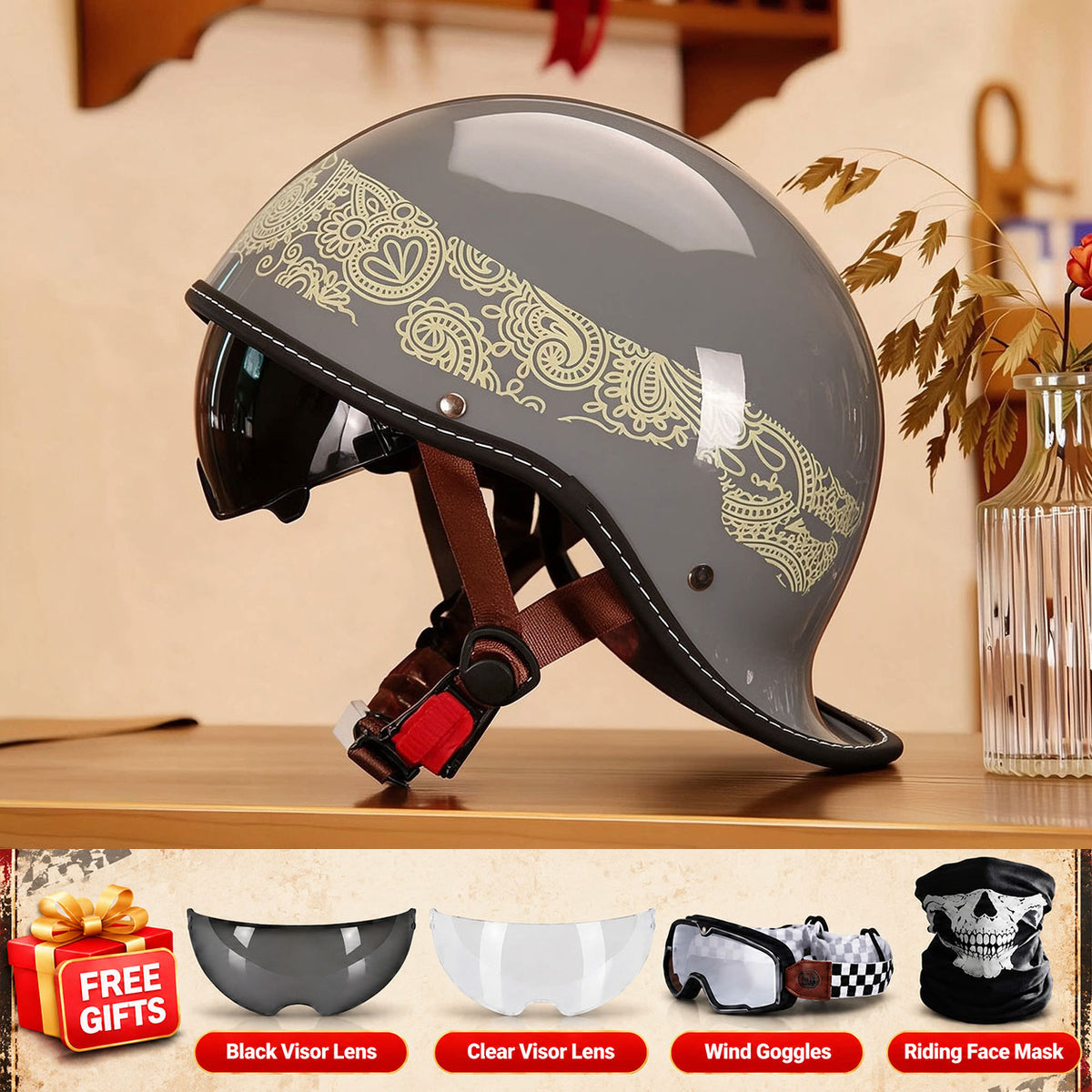 Retro-style motorcycle half-helmet with a ducktail design-I298
