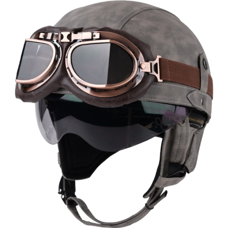 DOT Vintage Leather Motorcycle Helmet with Goggles- I06