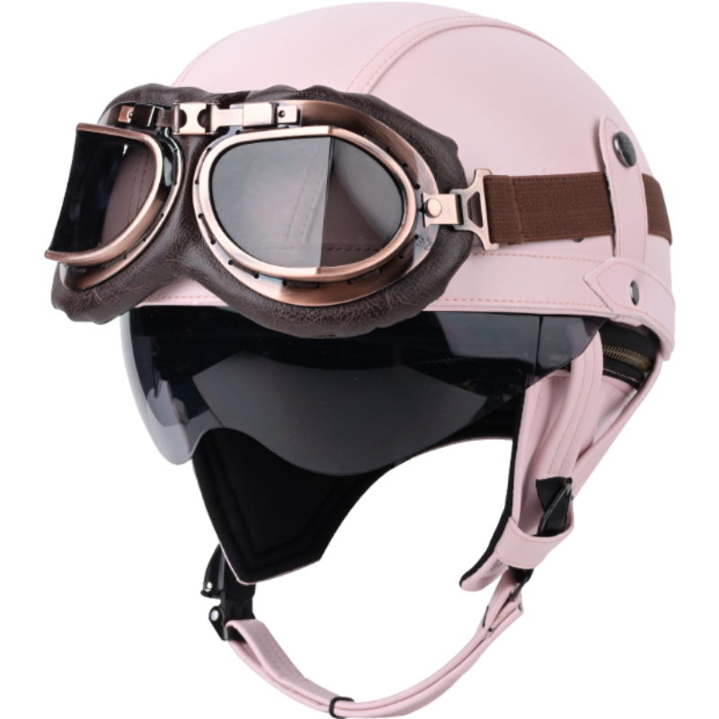 DOT Vintage Leather Motorcycle Helmet with Goggles- I06