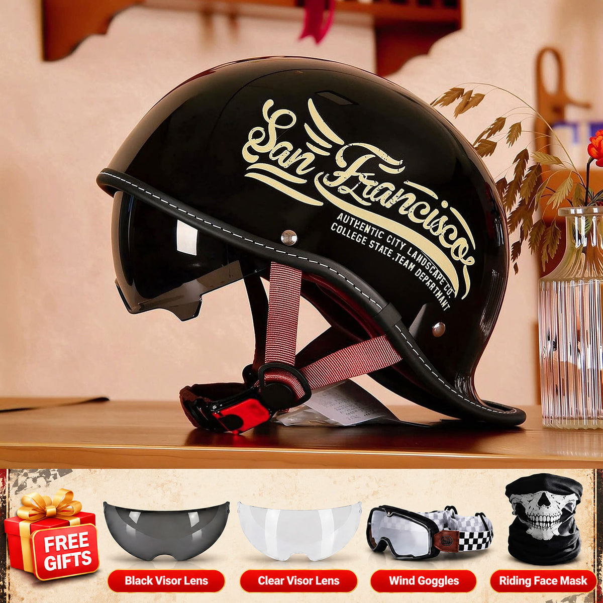 Retro-style motorcycle half-helmet with a ducktail design-I298