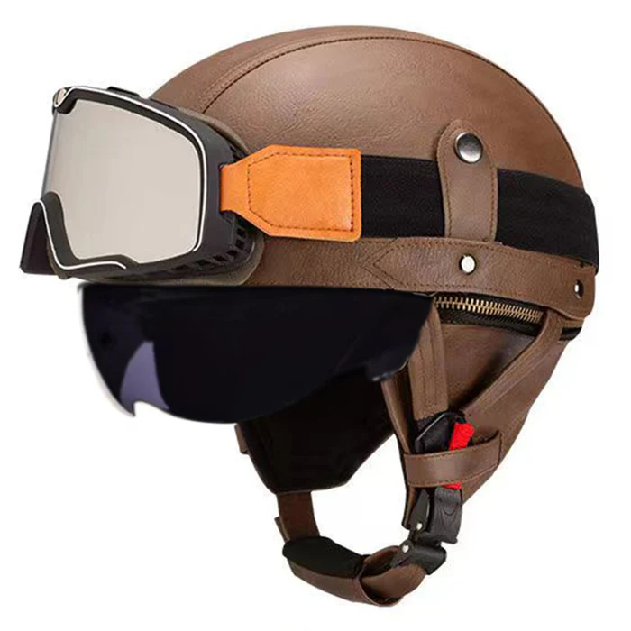 DOT Vintage Leather Motorcycle Helmet with Goggles- I06