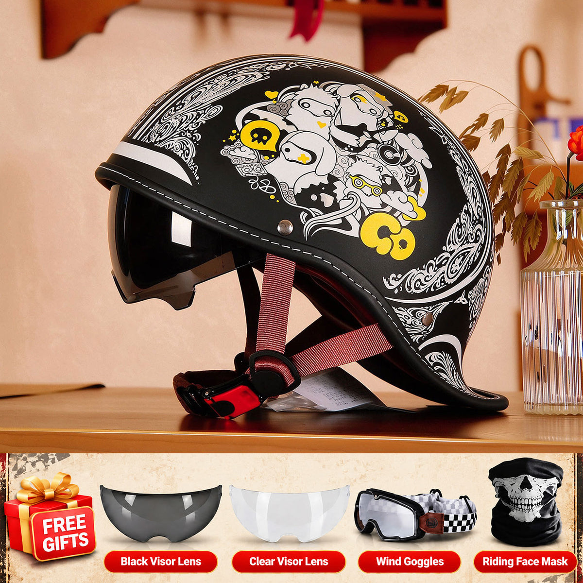 Retro-style motorcycle half-helmet with a ducktail design-I298