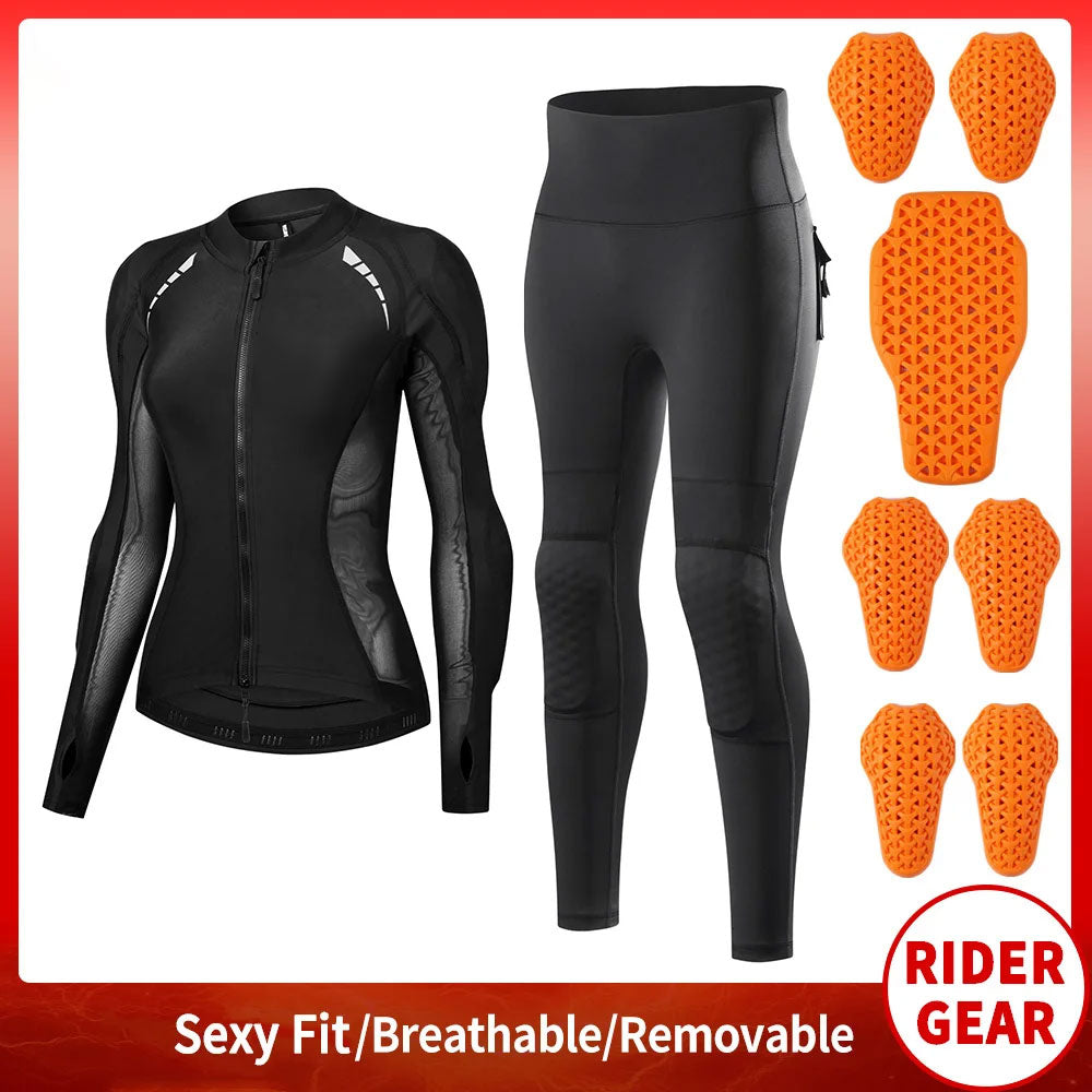 Women's motorcycle slim-fit jacket and pants set with removable padding-J37