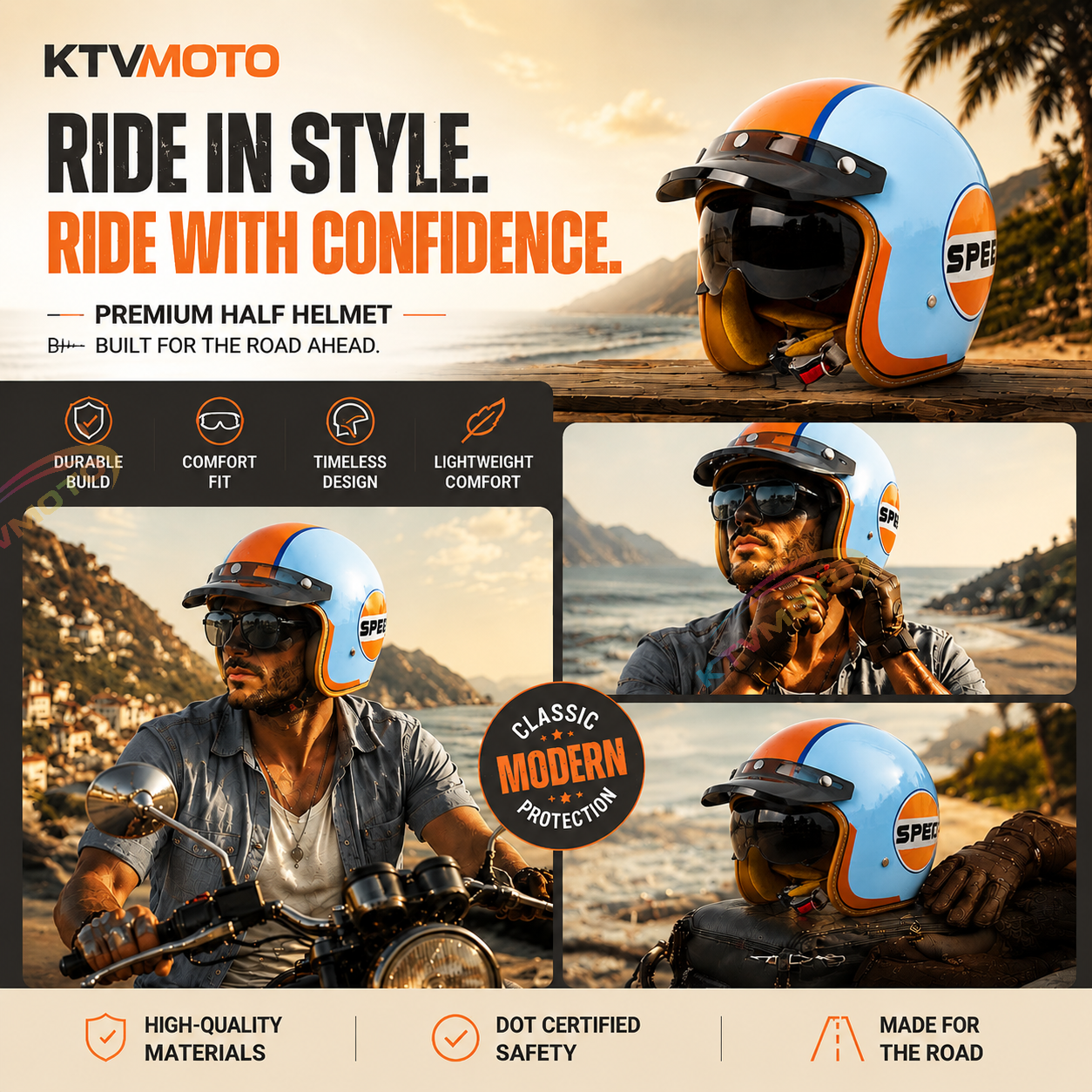 Retro open-face motorcycle helmet with sun visor-I32