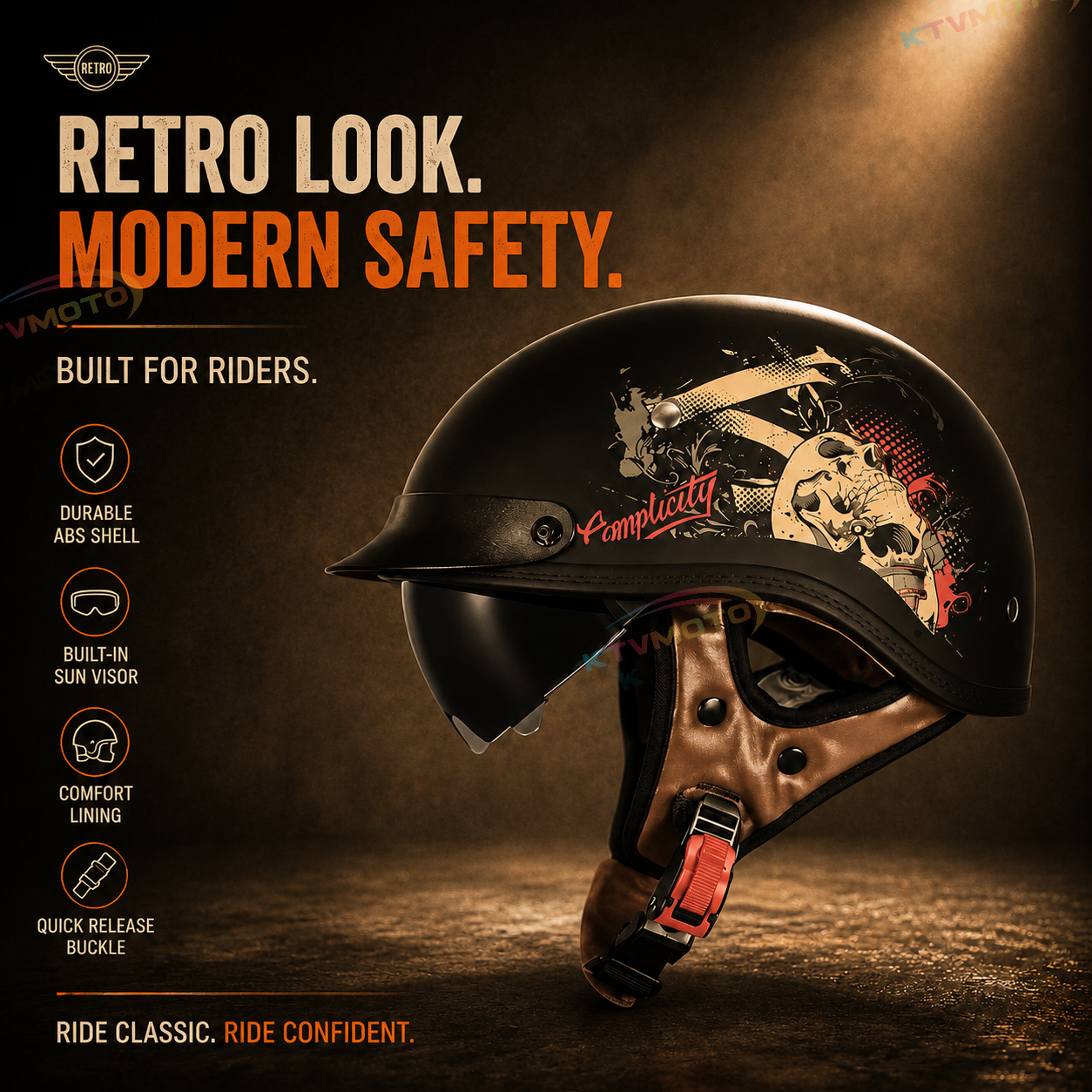 KTVMOTO Retro-style cruiser motorcycle half helmet-I13