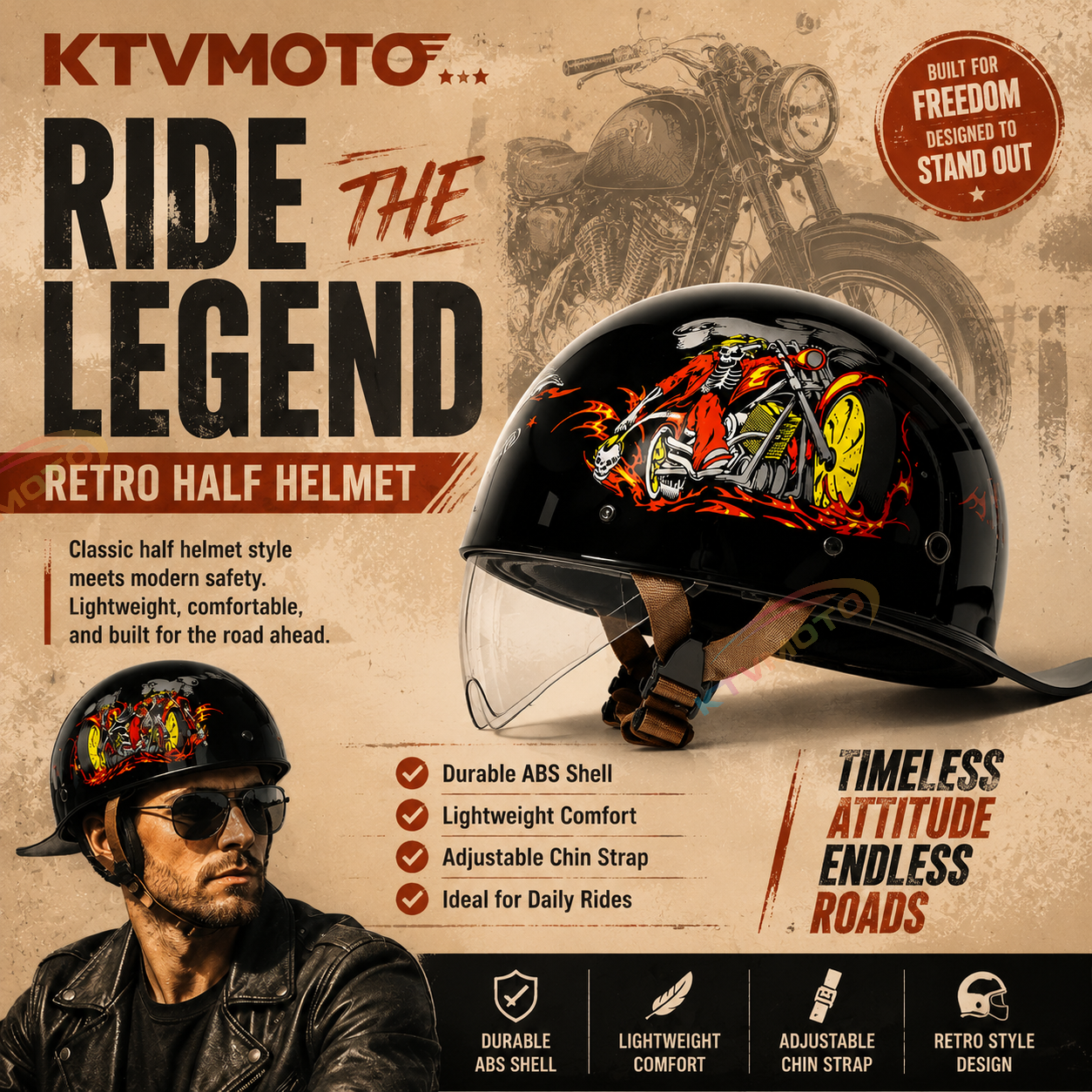 Retro cruiser motorcycle half helmet- I07