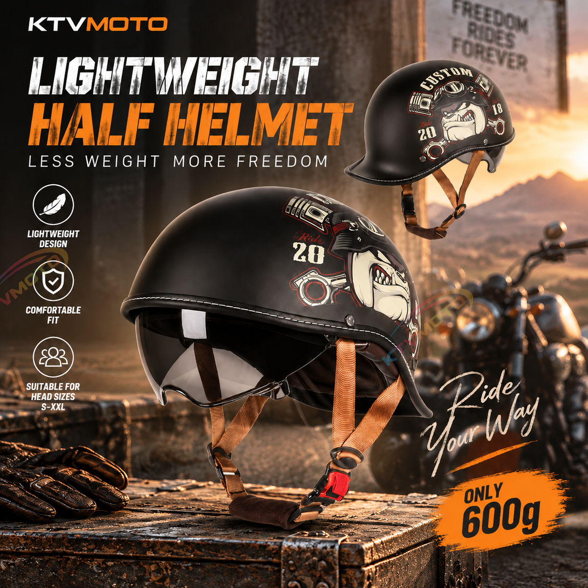 Retro-style motorcycle half-helmet with a ducktail design-I298