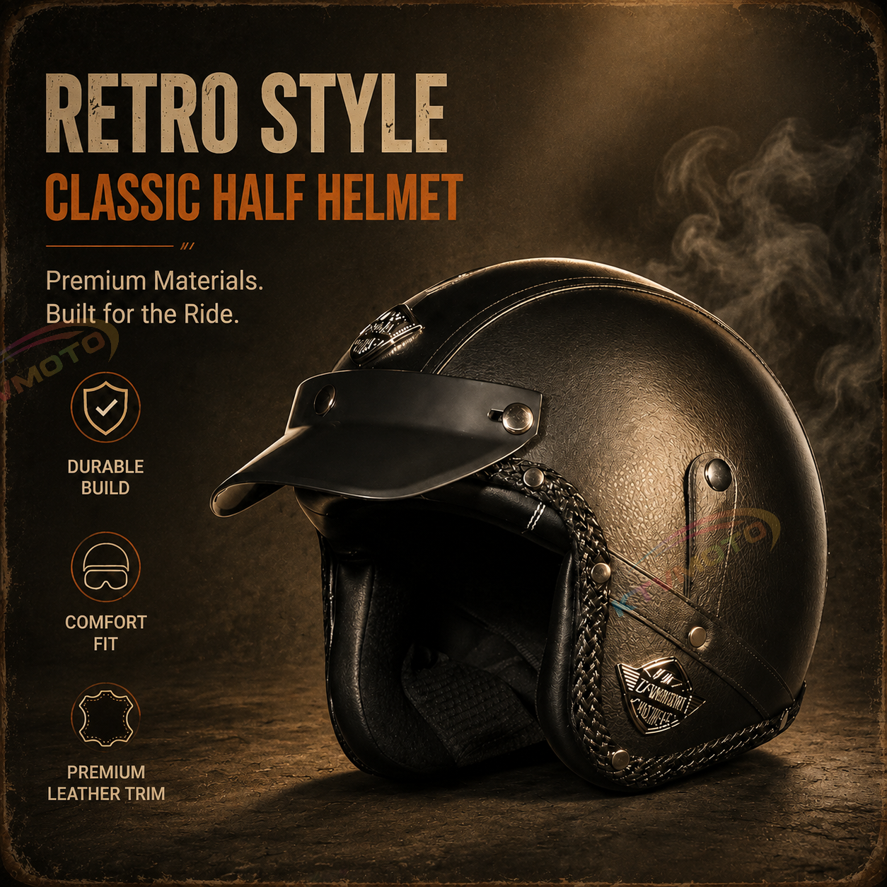 KTVMOTO Matte Leather Retro Motorcycle Half Helmet-I19
