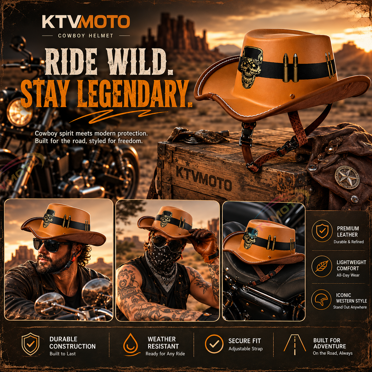 Cowboy-style leather motorcycle half helmet- I08
