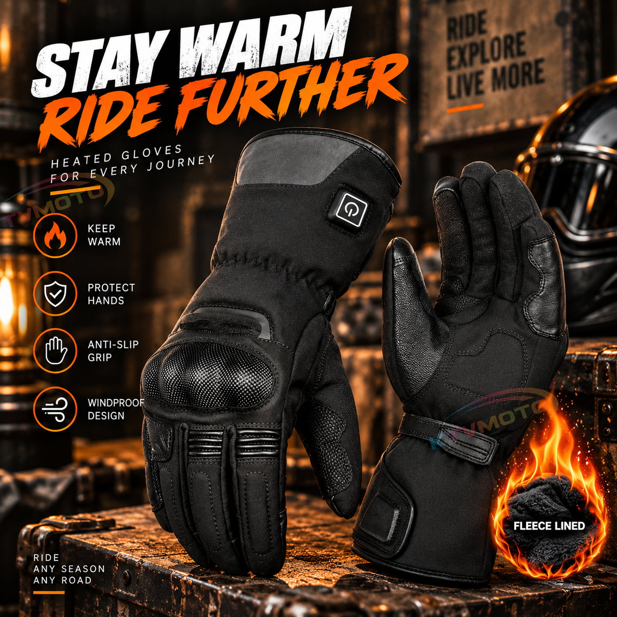 KTVMOTO Heated Genuine Leather Motorcycle Gloves with Hard Protective Cover - G26