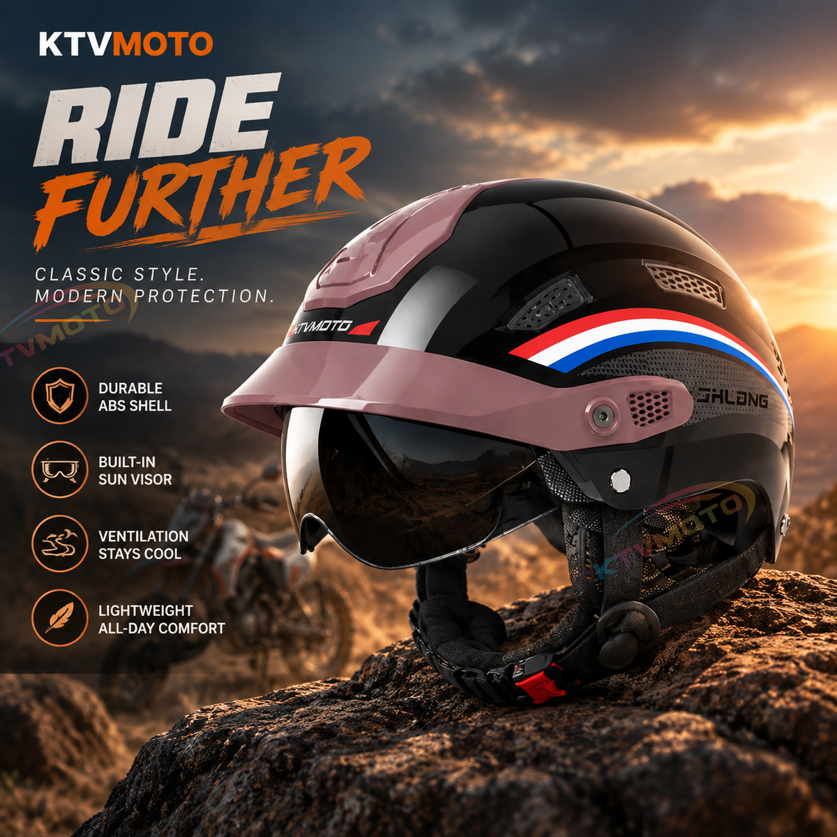 KTVMOTO Lightweight Motorcycle Half Helmet with Visor & Retro Design-I273
