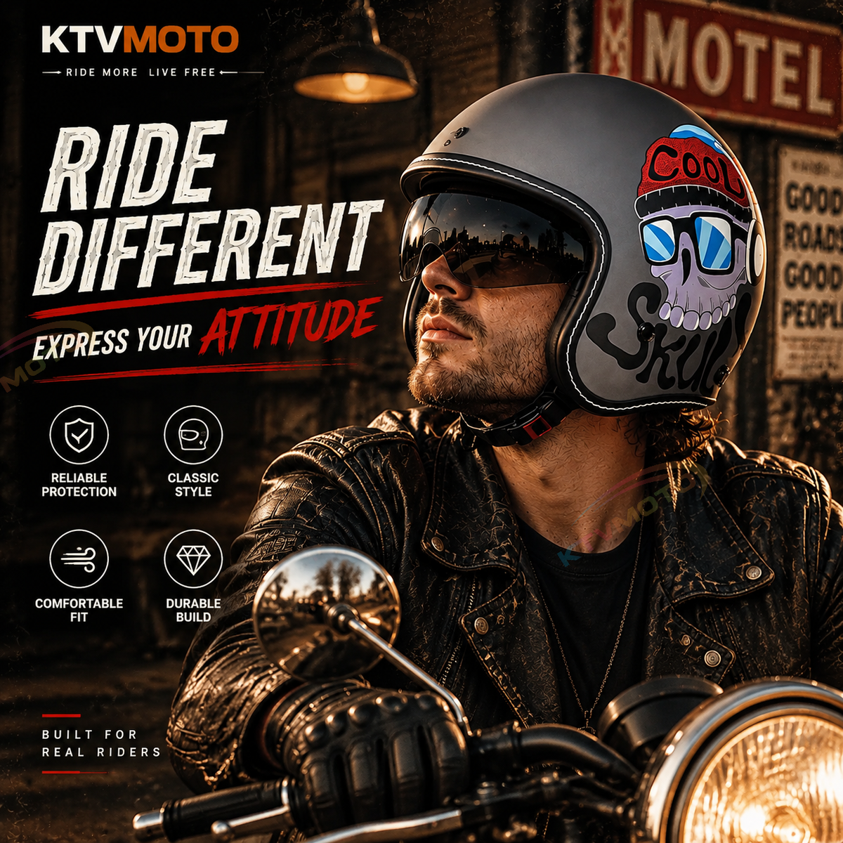 KTVMOTO Retro-style open-face motorcycle helmet with built-in visor-I22