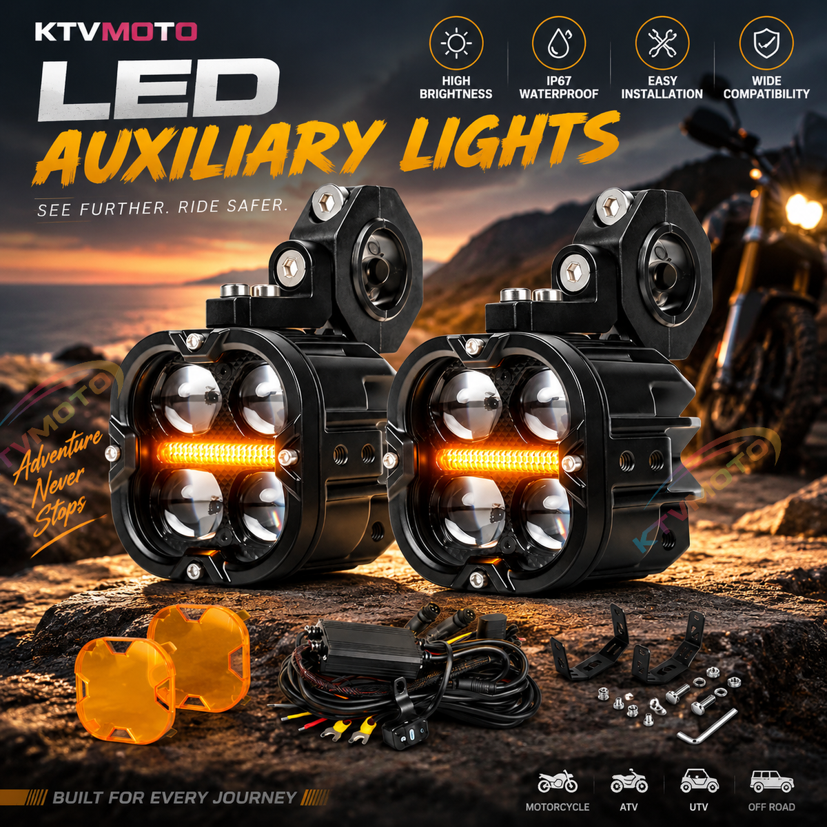 KTVMOTO LED Pods Motorcycle Headlight with Amber Beam & Wiring Kit-D35