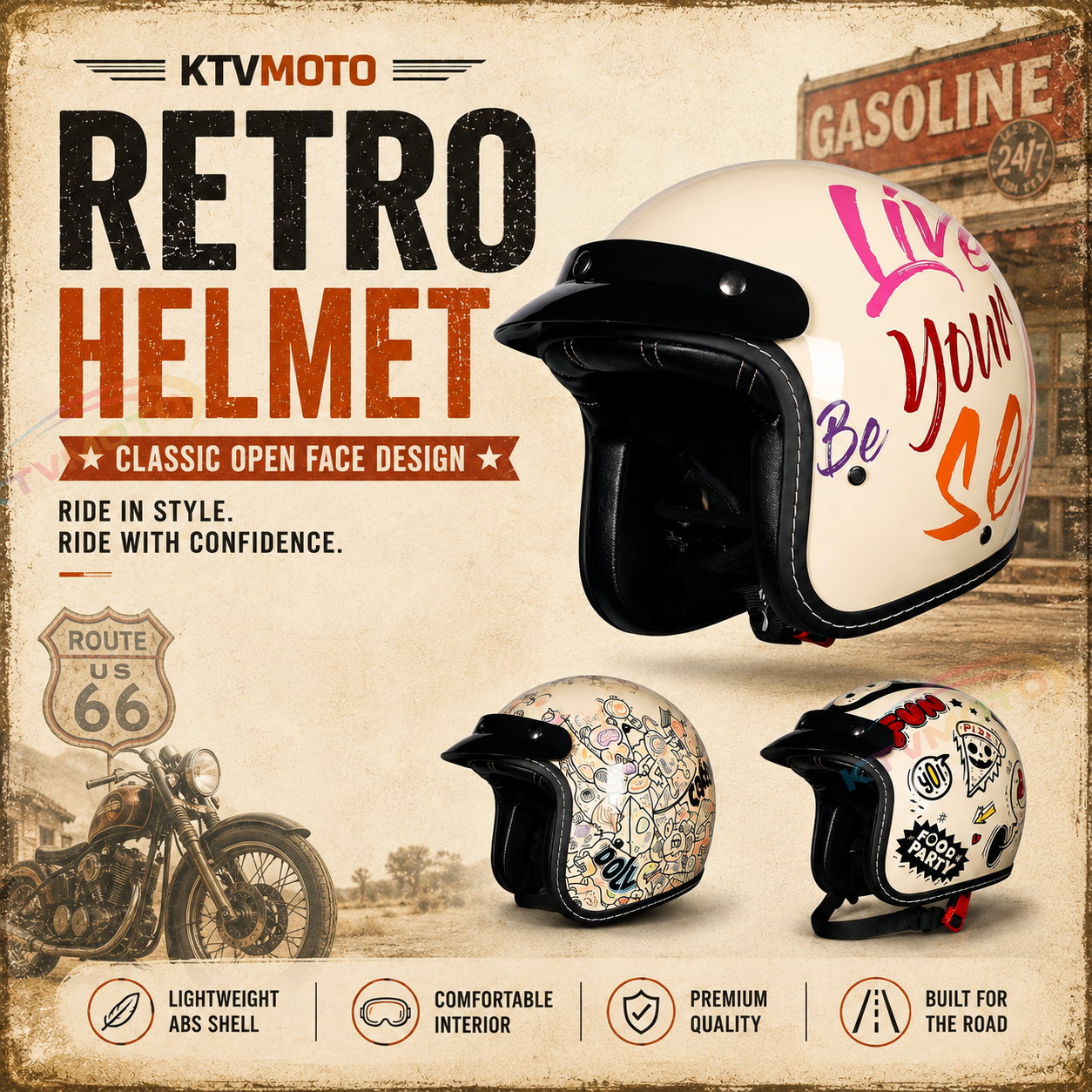 KTVMOTO Retro Open Face Motorcycle Helmet – Vintage Graphic Style-I21