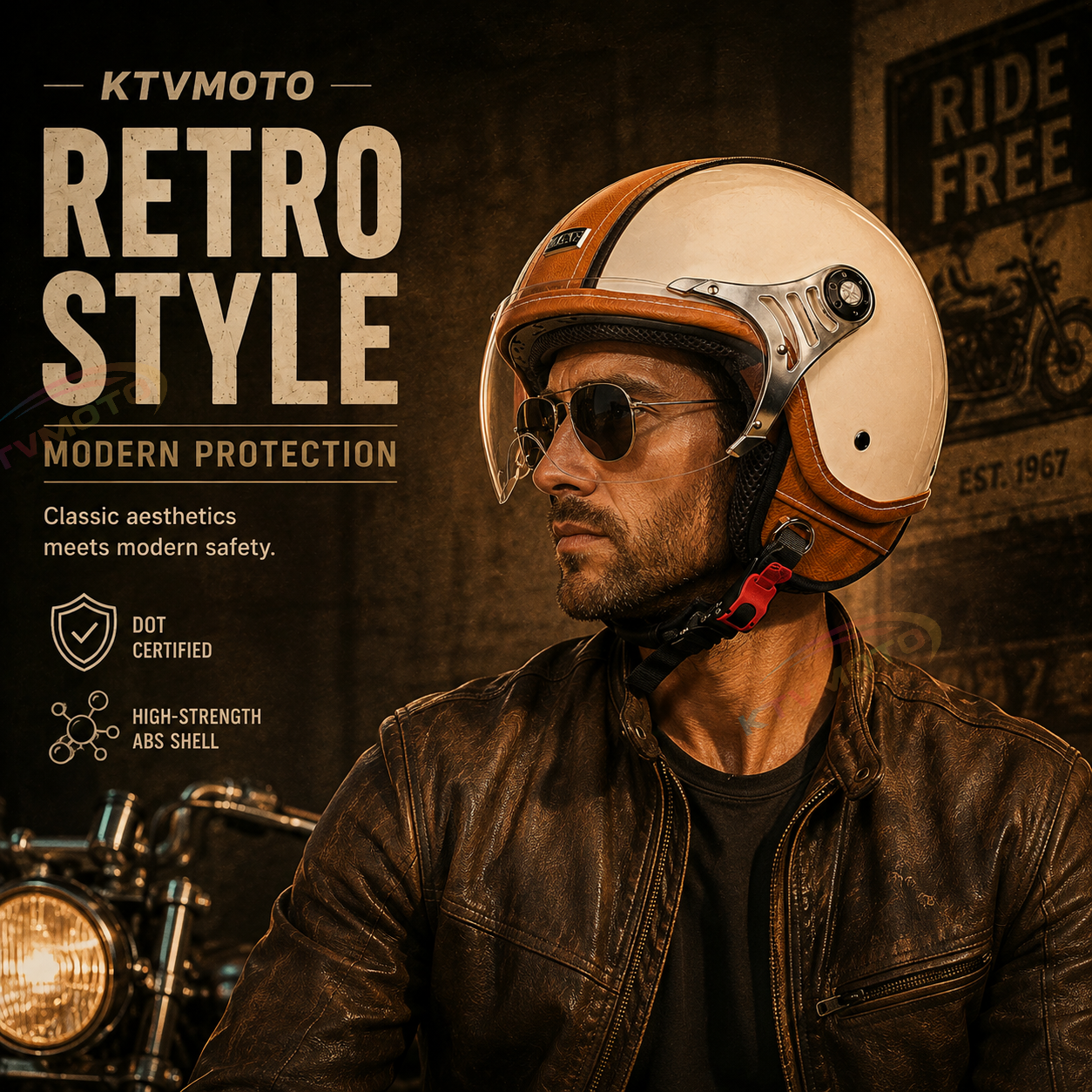 Retro leather open-face motorcycle helmet scooter gear – I53