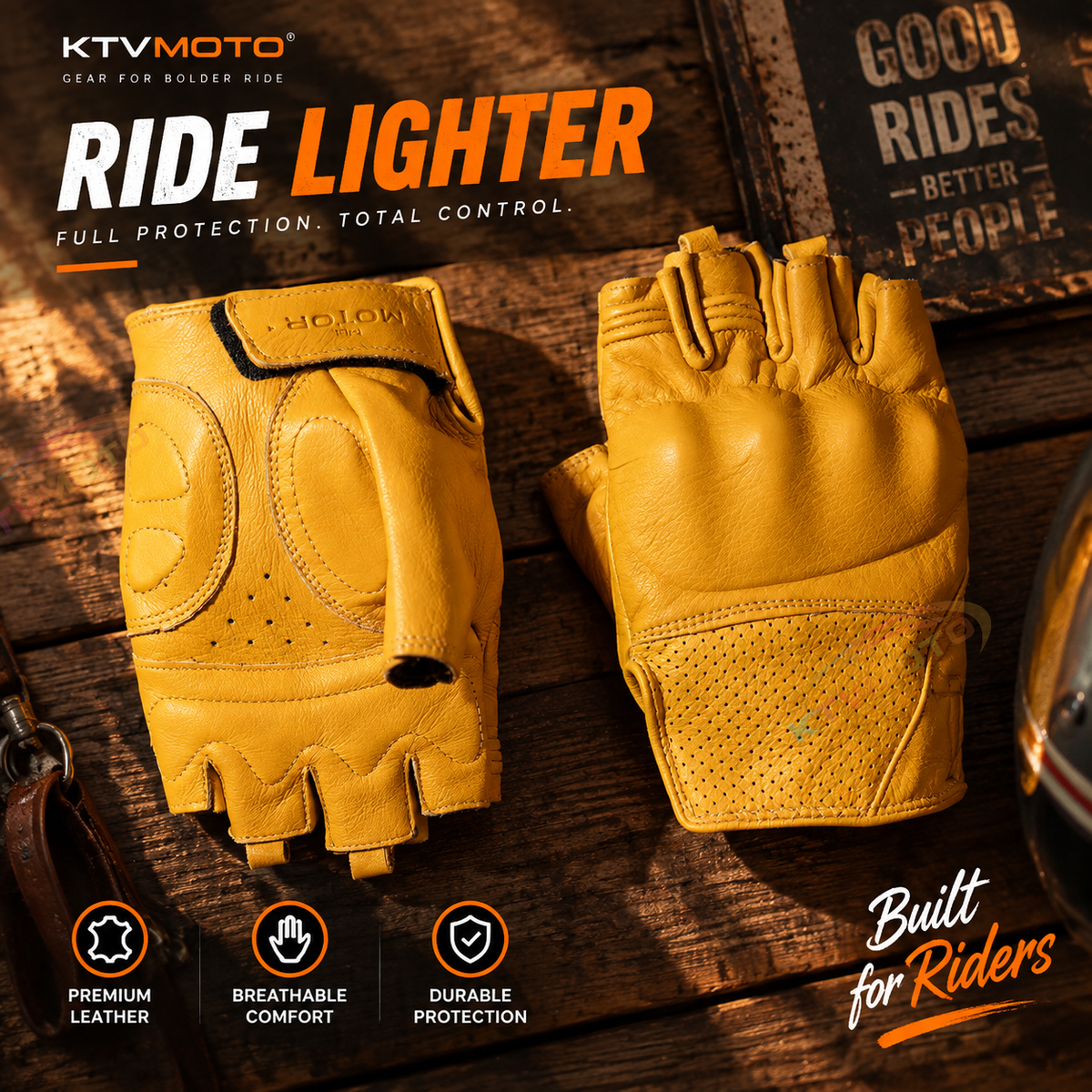 KTVMOTO Retro Motorcycle Rider Genuine Leather Half-Finger Gloves - G37