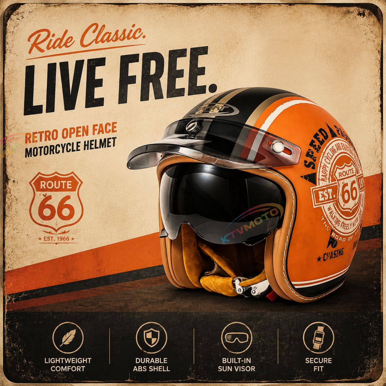 KTVMOTO Retro Half Helmet with Visor, Vintage Motorcycle Helmet- I30