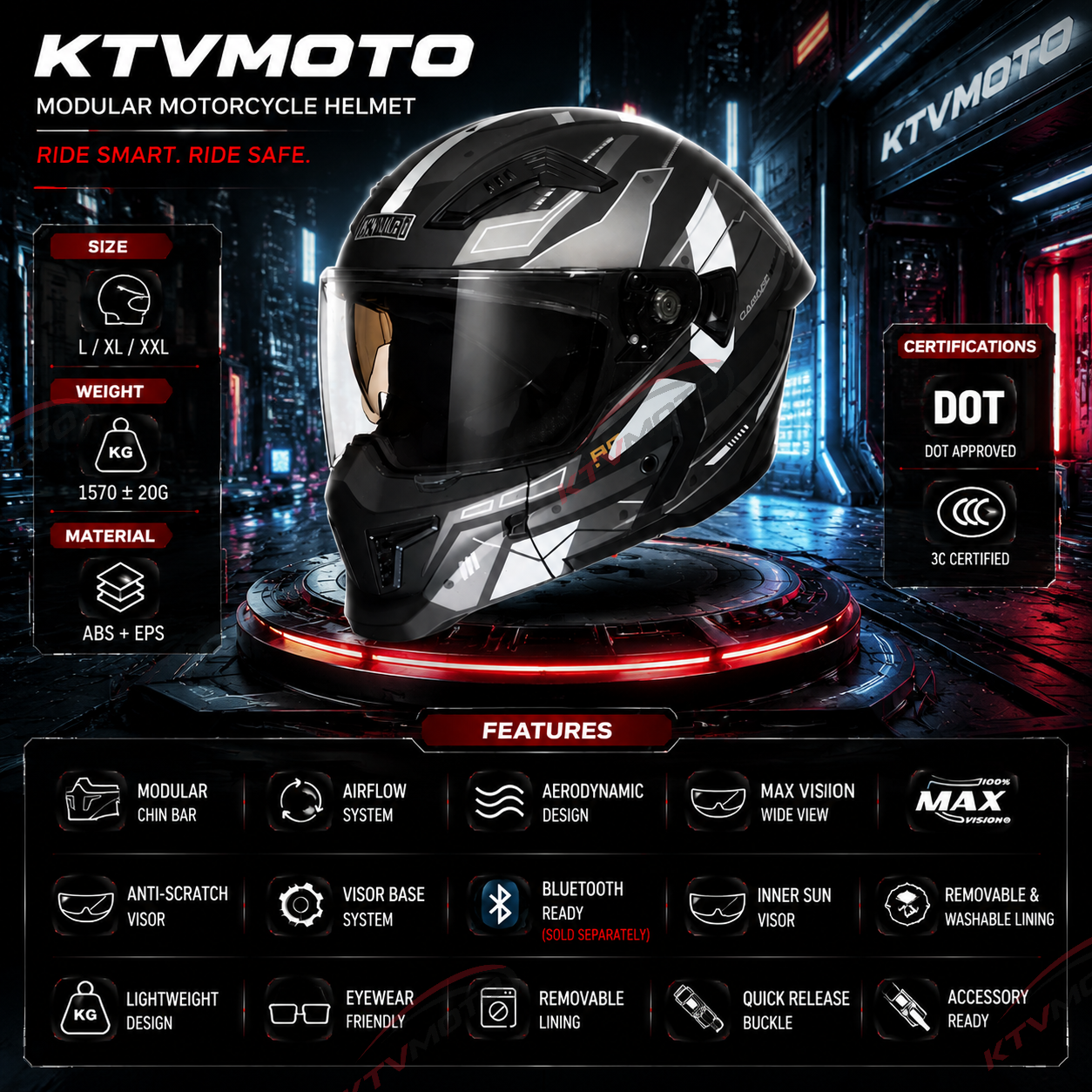 DOT-Certified Modular Motorcycle Helmet (Convertible Full-Face)-I165