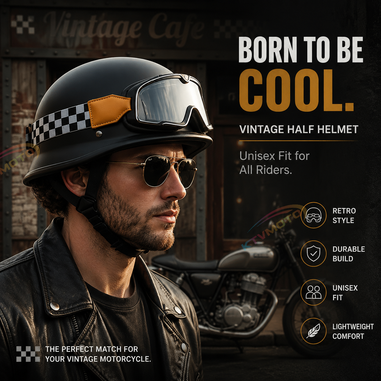 KTVMOTO Open Face Motorcycle Helmet with Goggles Classic Biker Helmet-I12