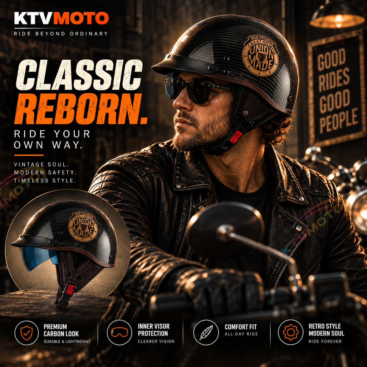 Lightweight Retro Carbon Fiber Motorcycle Half-Helmet-I138