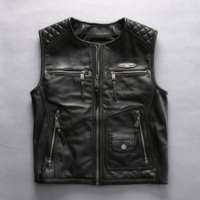 Harley leather vest round neck yellow cowhide vest-A32