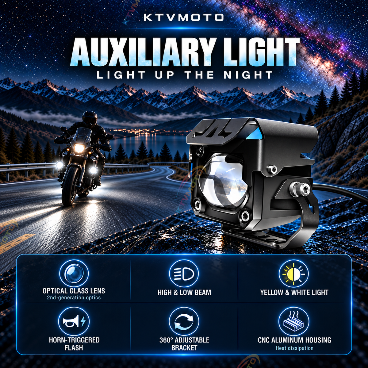 KTVMOTO Harley Motorcycle LED Auxiliary Lights Kit High/Low Beam-ML12