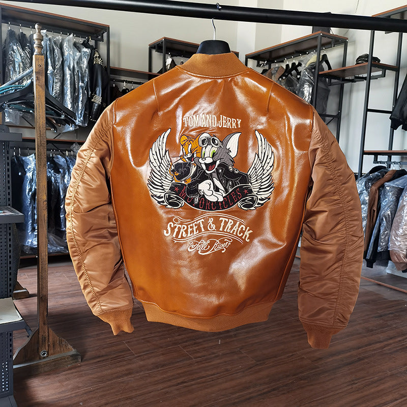 Cartoon sports casual leather cowhide jacket-A39