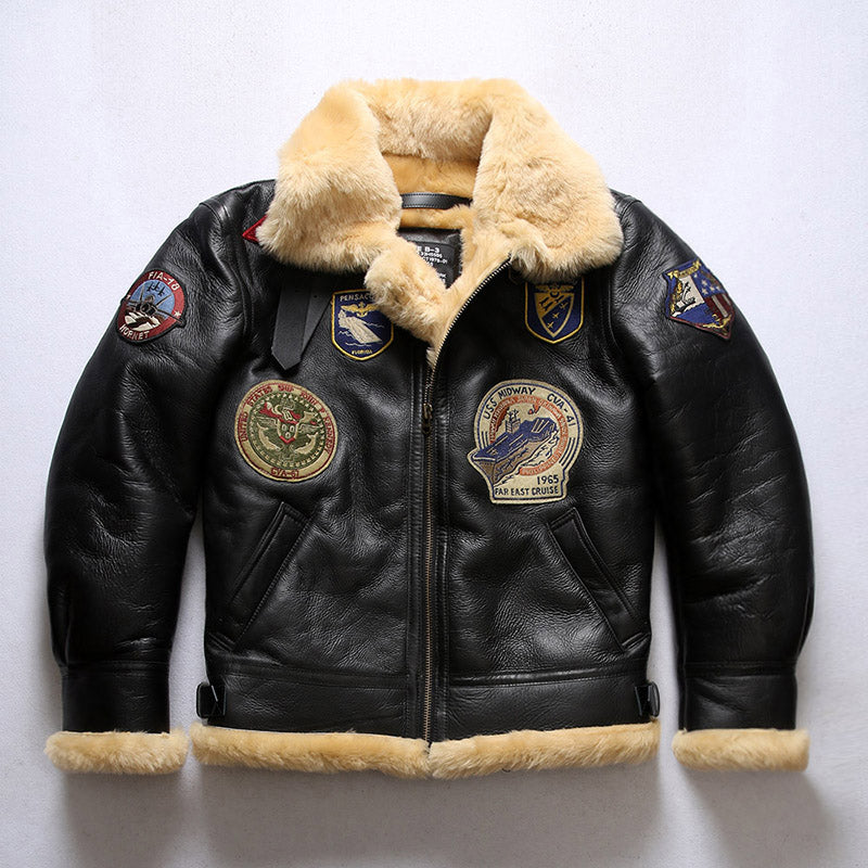 Genuine Sheepskin Bomber Jacket Military Fur-A04