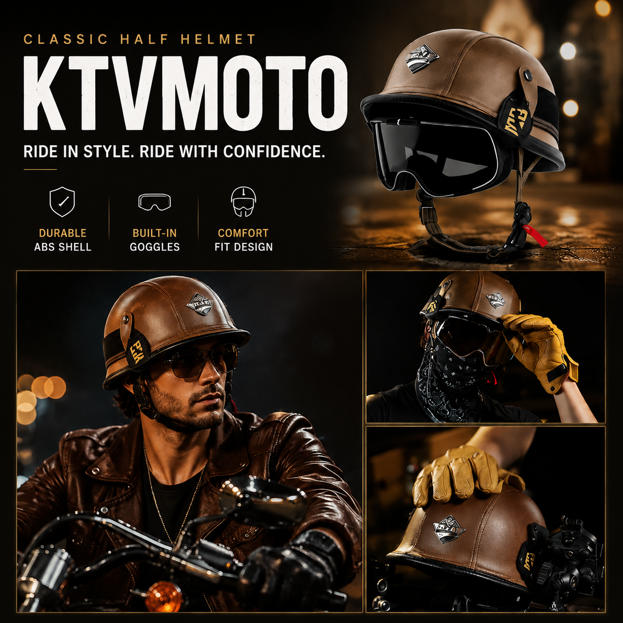 Retro leather cruiser motorcycle half helmet- I15
