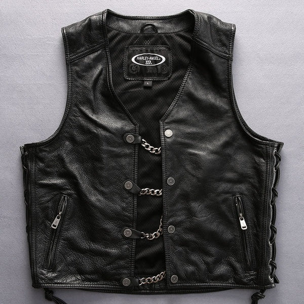 Harley vest steel chain genuine leather vest-A34