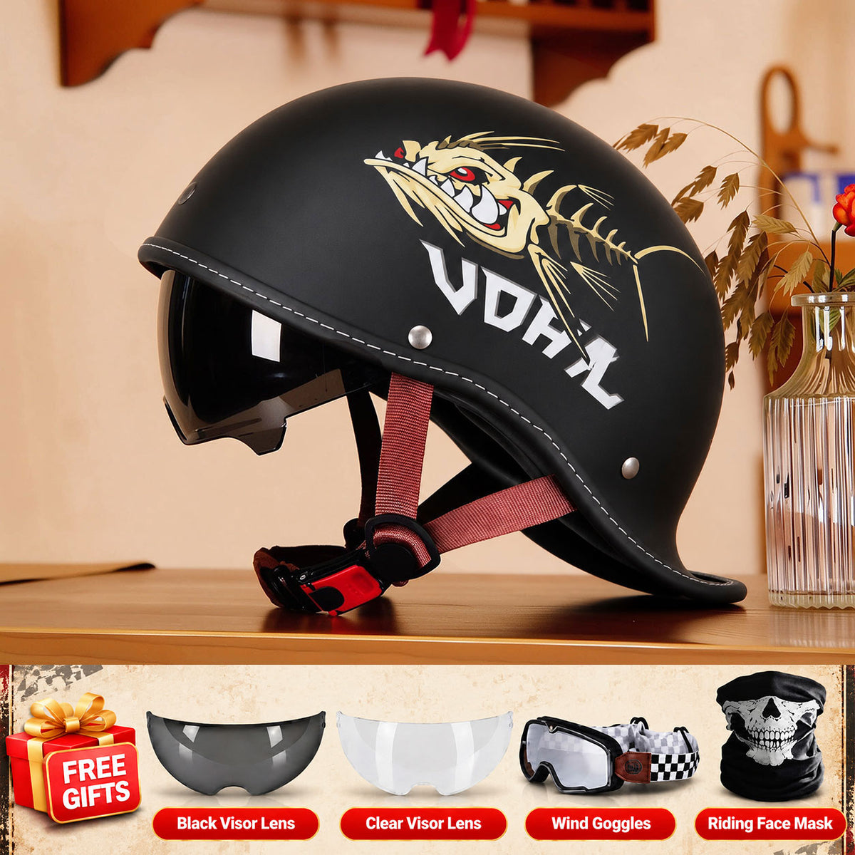 Retro-style motorcycle half-helmet with a ducktail design-I298